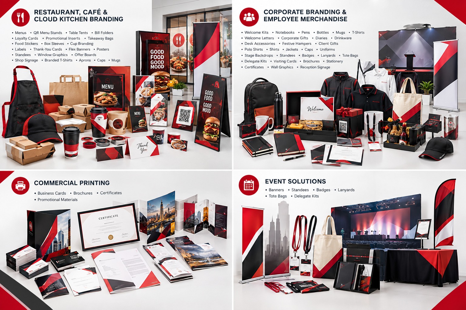 Complete Branding Solutions Showcase — Restaurant, corporate, commercial printing & event solutions